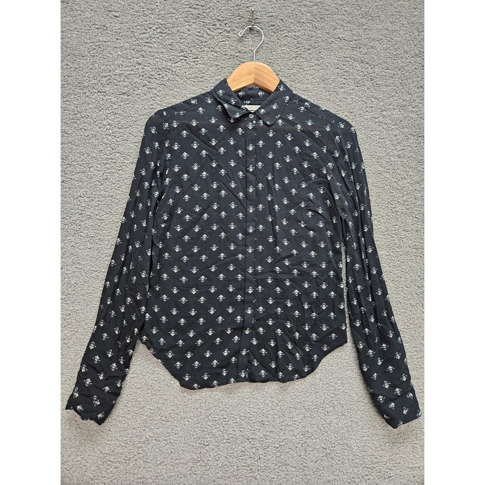 Urban Outfitters Button Down Shirt Small Black Micro Floral Skull Print Goth